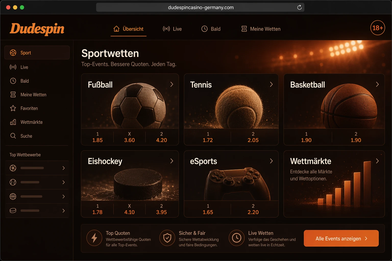 Sportarten und Wettmärkte im Dudespin Betting